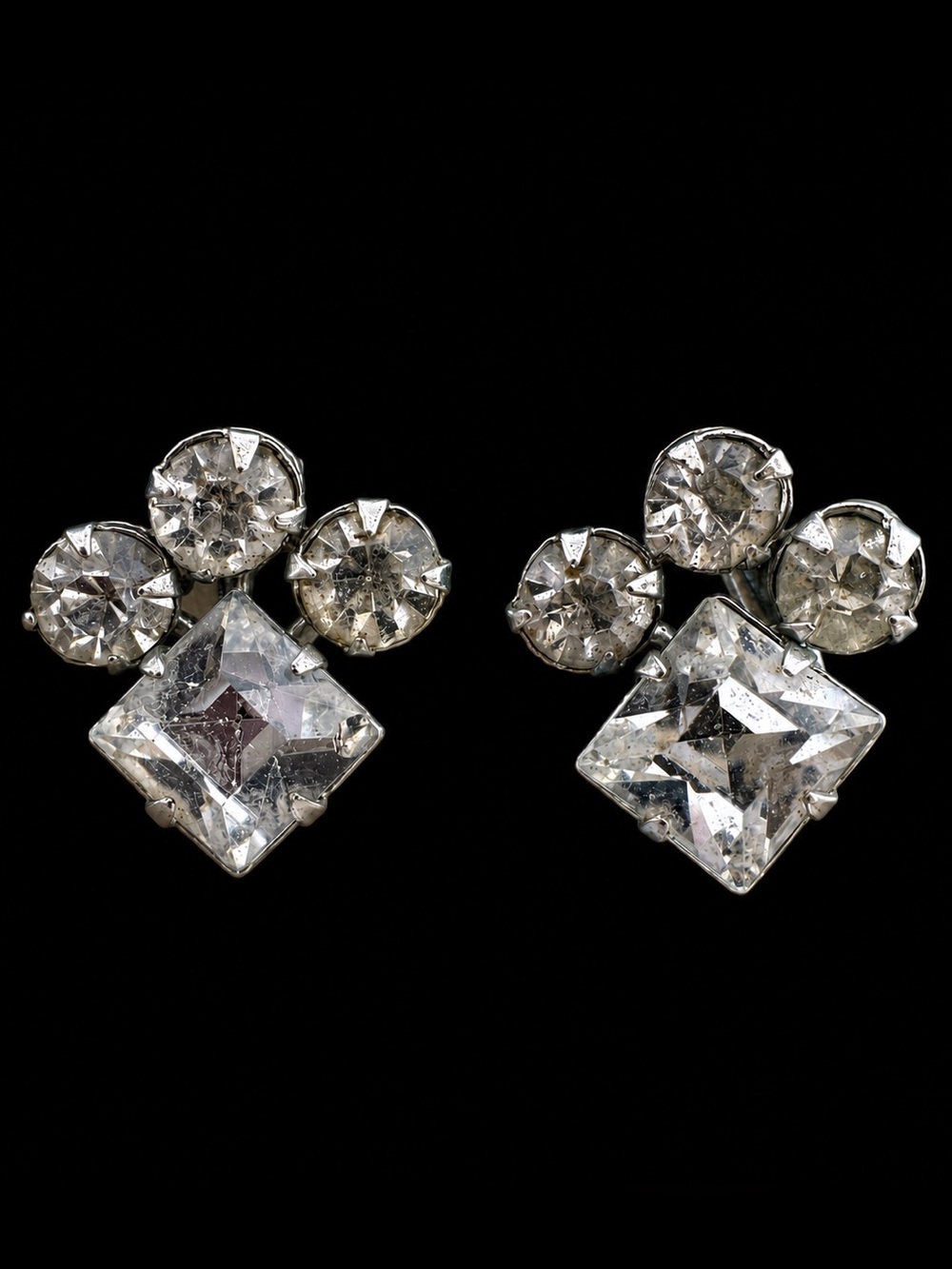 Vintage Clear Rhinestone Screw Back Earrings Sparkly Silver Tone 1950s